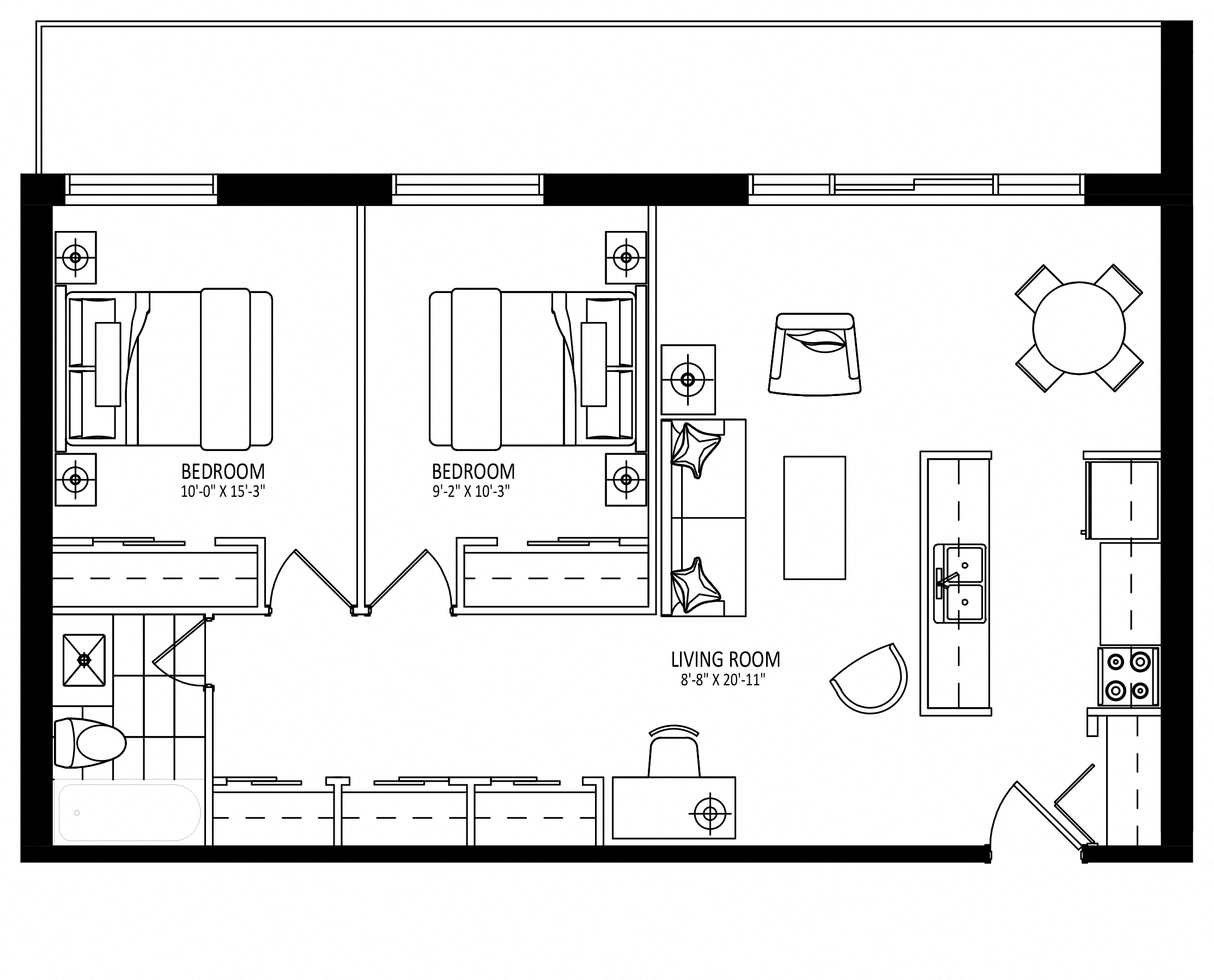 Floor plan for 2 beds, 1 bath, 845 sqft